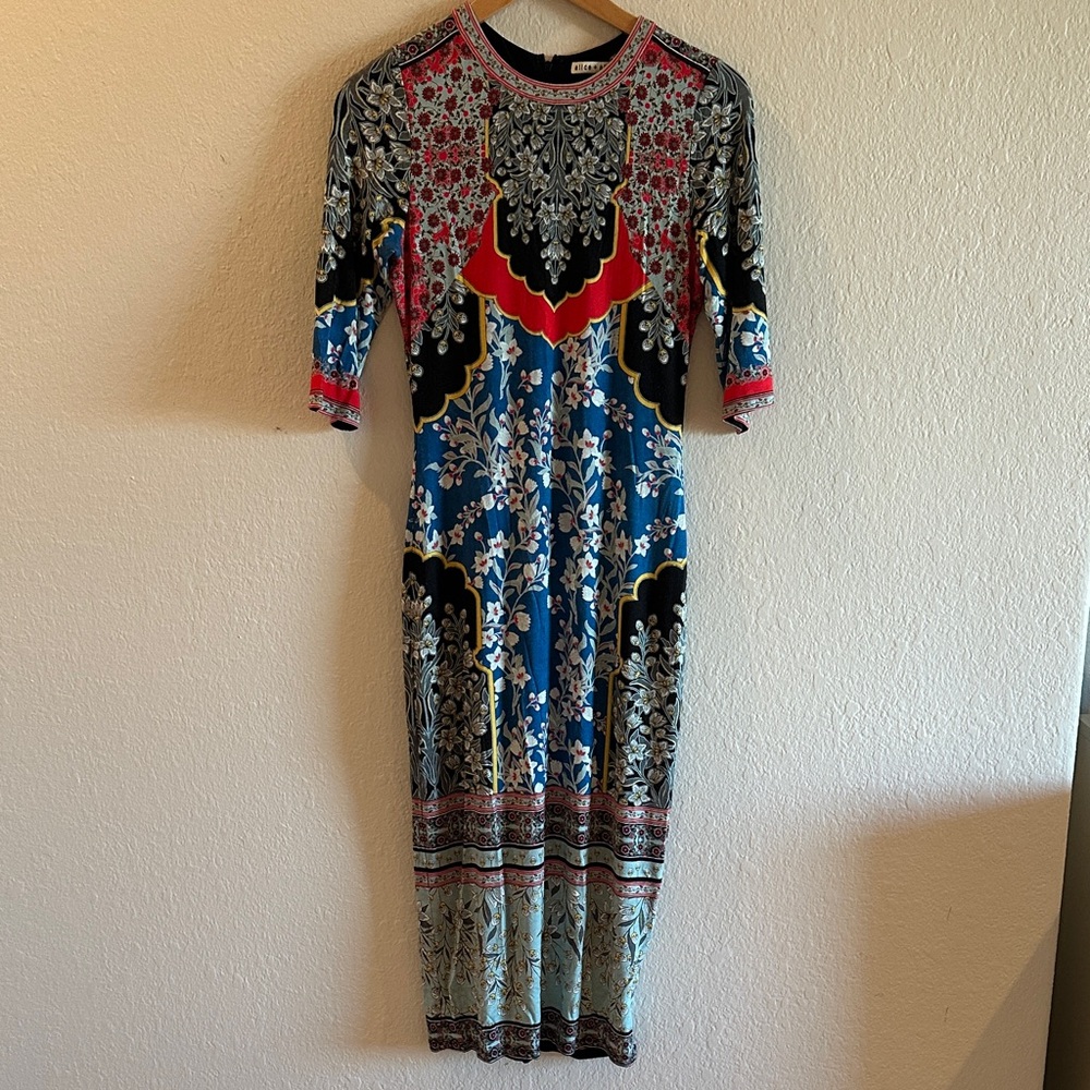 Alice + Olivia Blue, Black, Red Patterned Midi Dress